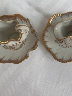 Herend Hungary Gold & White Porcelain Sauce Creamer Saucer Set - Pair